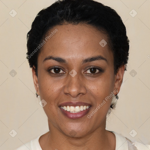 Joyful latino young-adult female with short  black hair and brown eyes