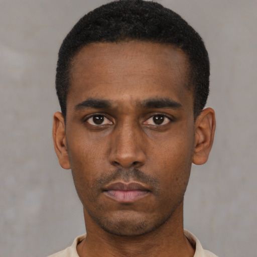 Neutral black young-adult male with short  black hair and brown eyes