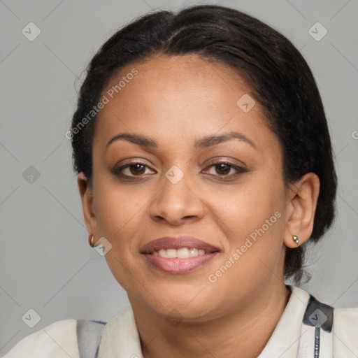 Joyful latino young-adult female with medium  brown hair and brown eyes