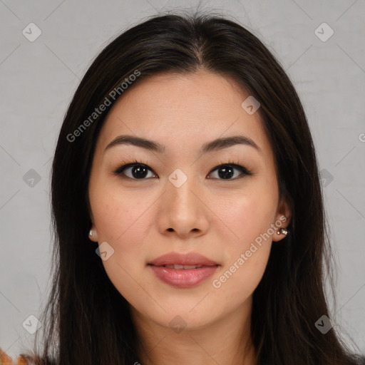 Joyful asian young-adult female with long  brown hair and brown eyes