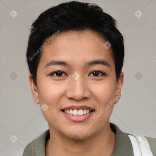 Joyful asian young-adult male with short  black hair and brown eyes