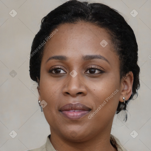 Joyful black young-adult female with medium  black hair and brown eyes