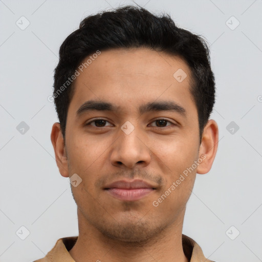 Neutral asian young-adult male with short  black hair and brown eyes