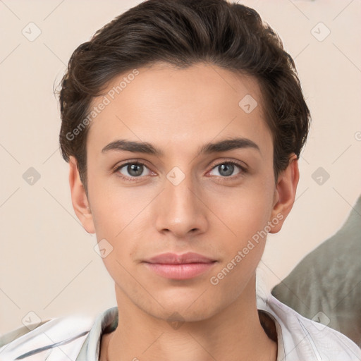 Neutral white young-adult male with short  brown hair and brown eyes