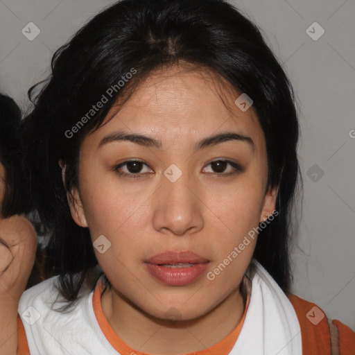 Neutral asian young-adult female with medium  brown hair and brown eyes