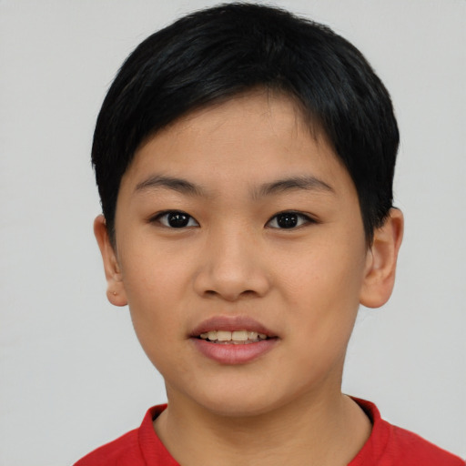 Joyful asian young-adult female with short  black hair and brown eyes