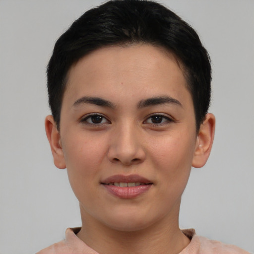 Joyful asian young-adult female with short  brown hair and brown eyes