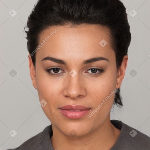 Joyful white young-adult female with short  black hair and brown eyes