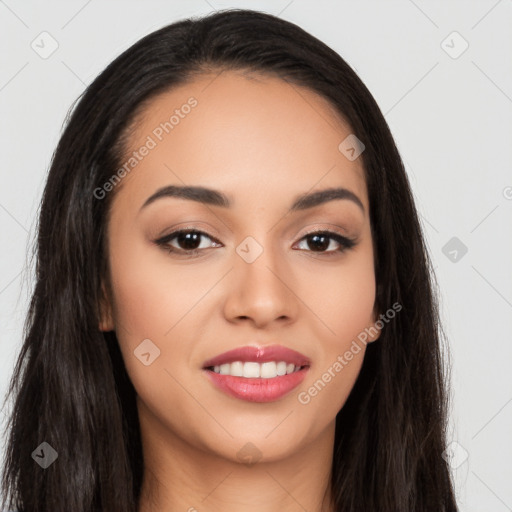 Joyful latino young-adult female with long  black hair and brown eyes