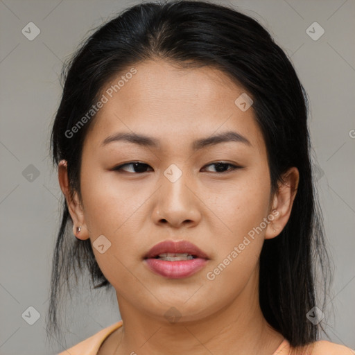 Joyful asian young-adult female with long  brown hair and brown eyes