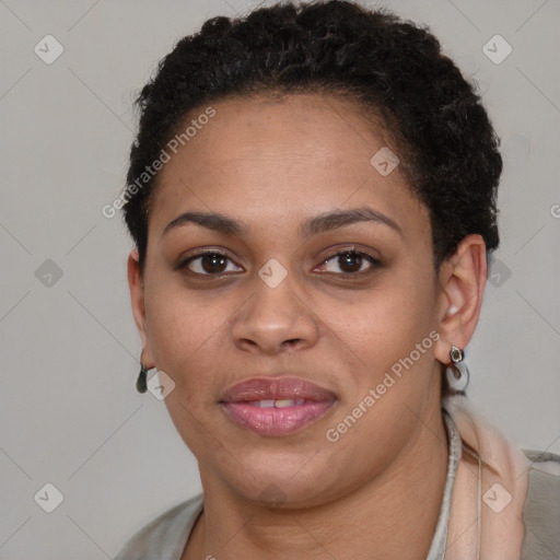 Joyful latino young-adult female with short  brown hair and brown eyes