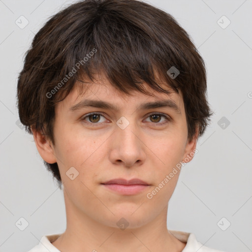 Neutral white young-adult female with short  brown hair and brown eyes