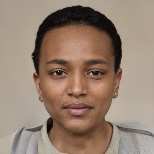 Neutral black young-adult female with short  black hair and brown eyes