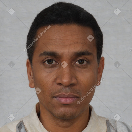 Neutral black young-adult male with short  black hair and brown eyes