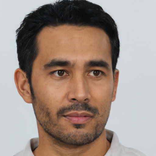 Neutral asian young-adult male with short  black hair and brown eyes