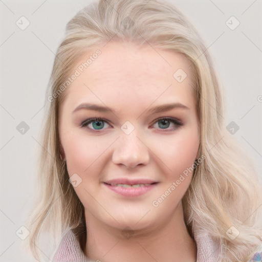 Joyful white young-adult female with long  brown hair and blue eyes