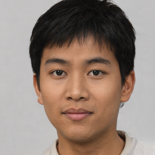 Neutral asian young-adult male with short  black hair and brown eyes