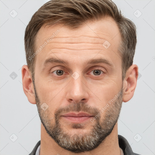 Neutral white adult male with short  brown hair and brown eyes