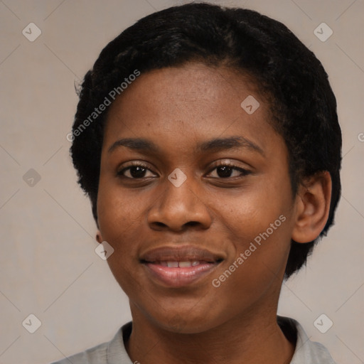 Joyful latino young-adult female with short  black hair and brown eyes