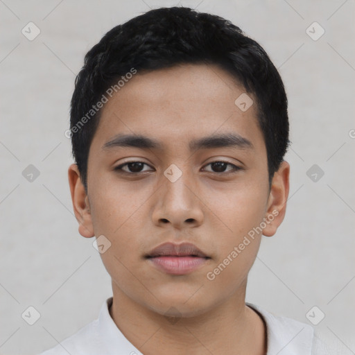 Neutral asian young-adult male with short  black hair and brown eyes