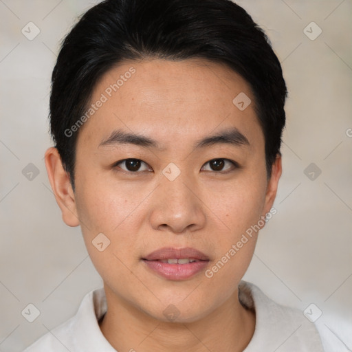 Joyful white young-adult male with short  black hair and brown eyes