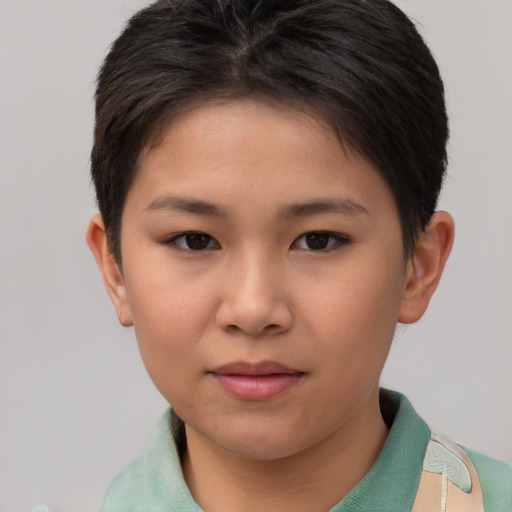 Neutral asian young-adult female with short  brown hair and brown eyes
