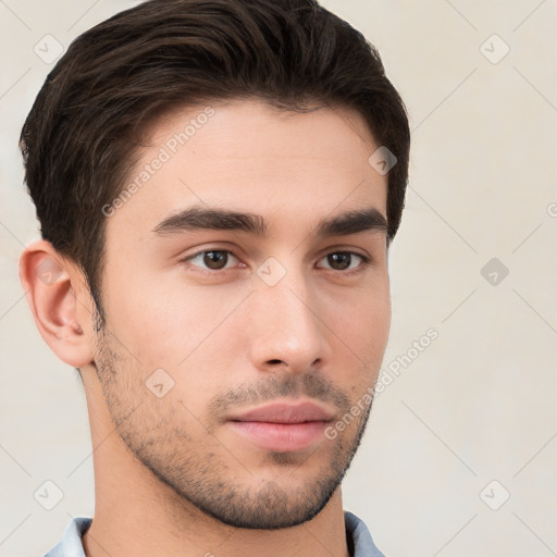 Neutral white young-adult male with short  brown hair and brown eyes