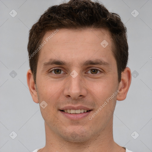 Joyful white young-adult male with short  brown hair and brown eyes