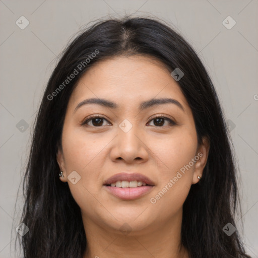 Joyful asian young-adult female with long  brown hair and brown eyes