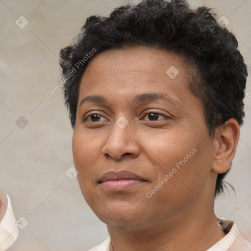 Neutral white young-adult female with short  brown hair and brown eyes