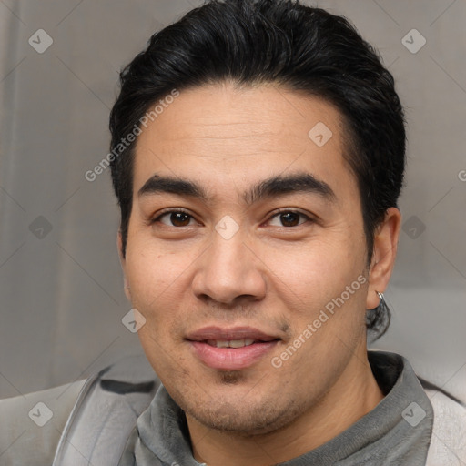 Joyful white young-adult male with short  black hair and brown eyes