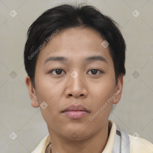 Neutral asian young-adult female with short  brown hair and brown eyes
