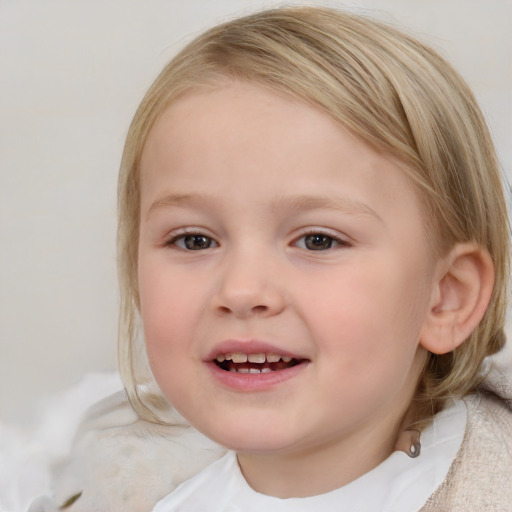 Joyful white child female with medium  brown hair and blue eyes