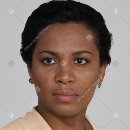 Neutral latino young-adult female with short  black hair and brown eyes