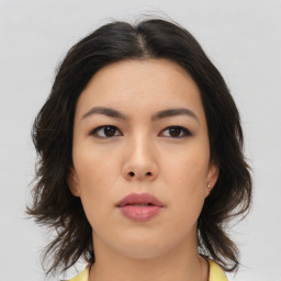 Neutral asian young-adult female with medium  brown hair and brown eyes