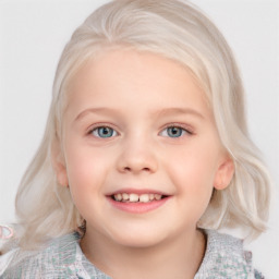 Joyful white child female with medium  blond hair and blue eyes