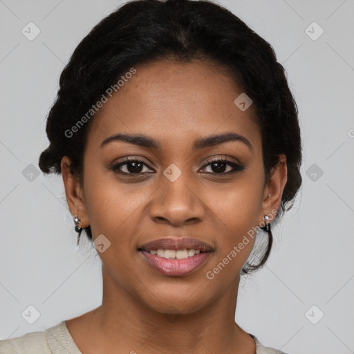 Joyful latino young-adult female with short  black hair and brown eyes