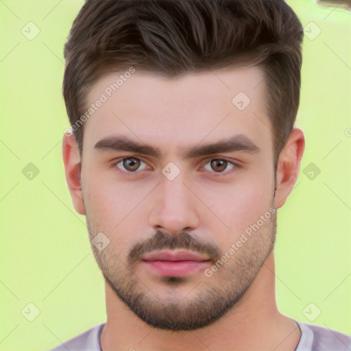 Neutral white young-adult male with short  brown hair and brown eyes