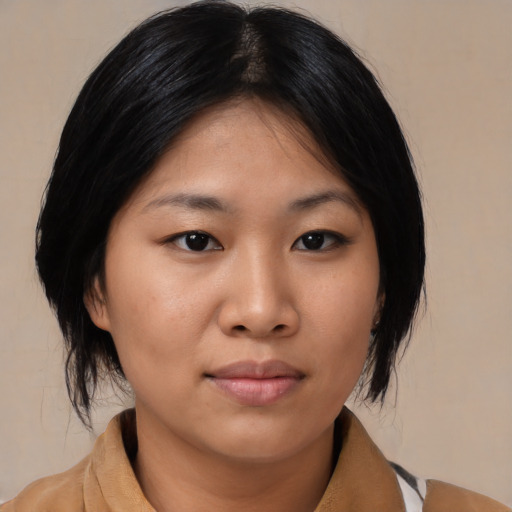 Neutral asian young-adult female with medium  black hair and brown eyes