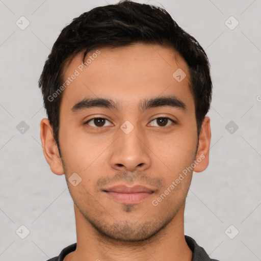 Neutral latino young-adult male with short  black hair and brown eyes