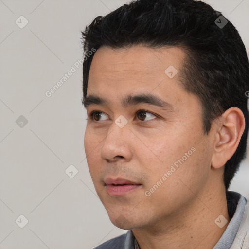 Neutral asian young-adult male with short  black hair and brown eyes