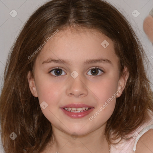 Joyful white child female with medium  brown hair and brown eyes