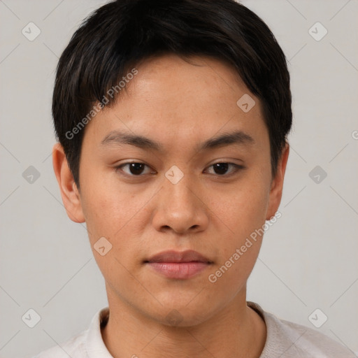 Neutral asian young-adult male with short  brown hair and brown eyes