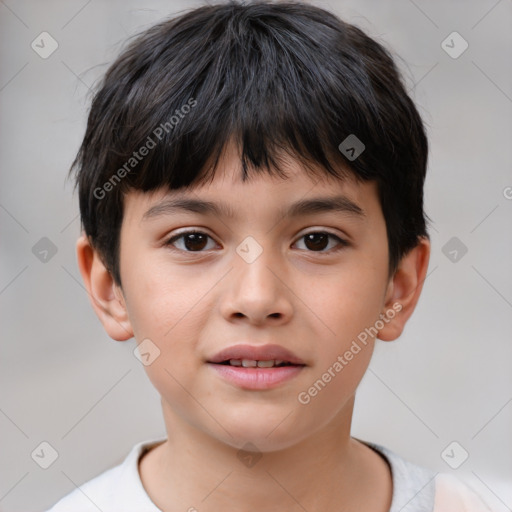 Joyful white child male with short  brown hair and brown eyes