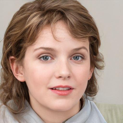 Neutral white child female with medium  brown hair and blue eyes