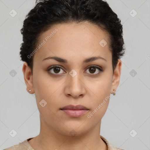 Neutral white young-adult female with short  brown hair and brown eyes