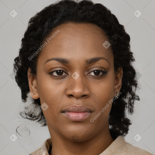 Neutral black young-adult female with short  black hair and brown eyes