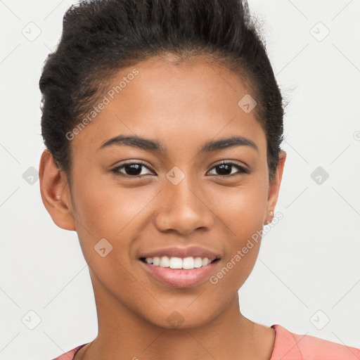 Joyful latino young-adult female with short  brown hair and brown eyes