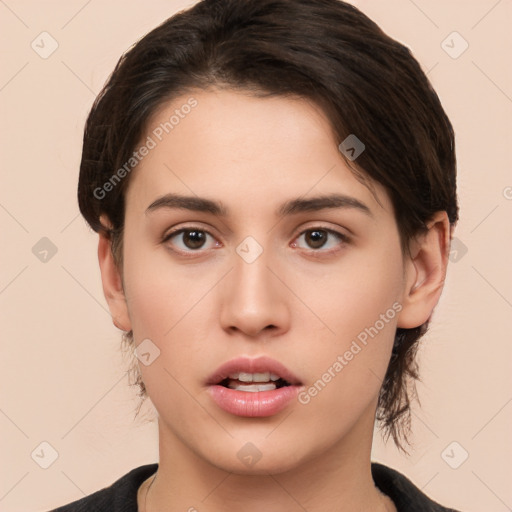 Neutral white young-adult female with medium  brown hair and brown eyes