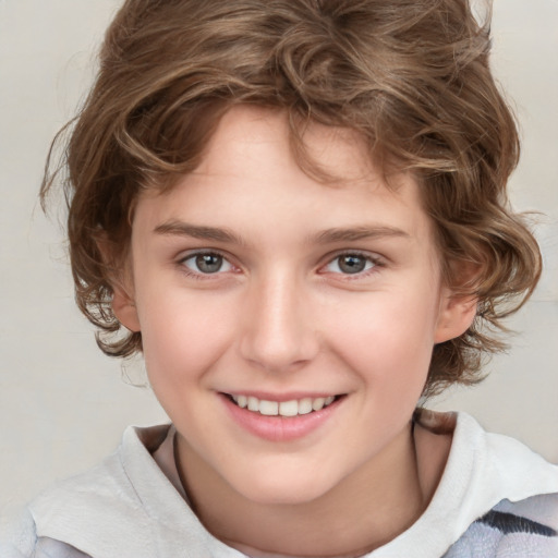 Joyful white child female with medium  brown hair and brown eyes